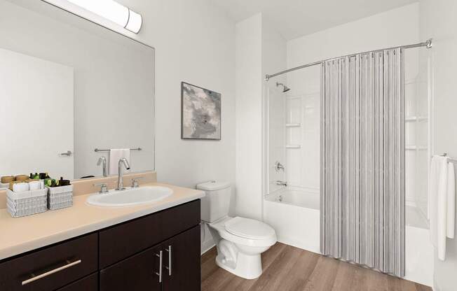 A bathroom with a white toilet, a sink, and a shower.