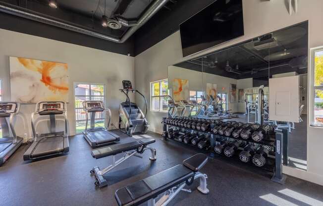 a spacious fitness room with cardio equipment and a large mirror