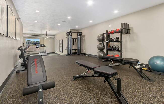A gym with a variety of equipment including weights and a bench.