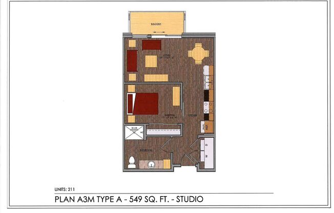Studio, 1 bath, 549 sqft, $1,350, Unit #211