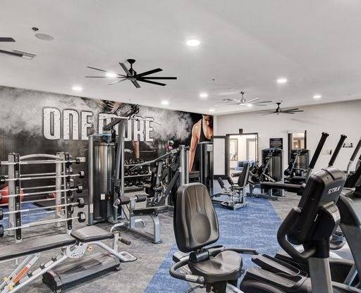 A gym with a variety of equipment including treadmills, weights, and a ceiling fan.