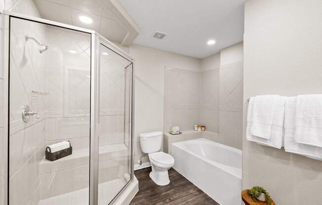 a bathroom with a shower toilet and a bath tub