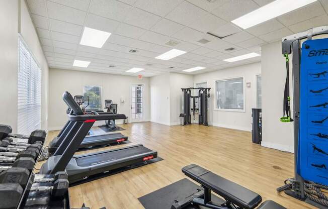 A gym with a variety of equipment including treadmills, weights, and a bench.