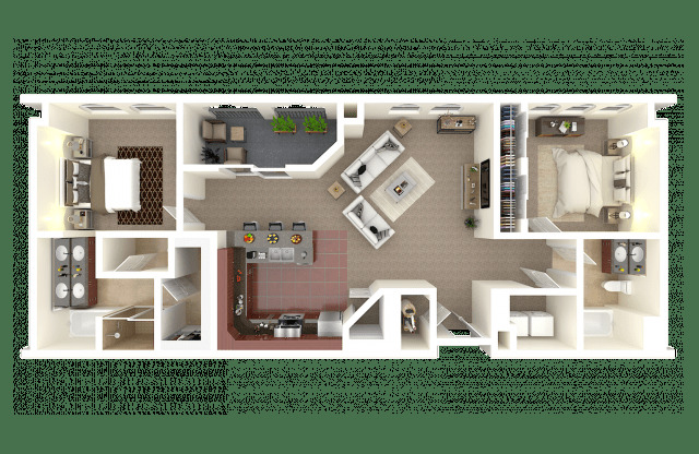 A detailed 3D floor plan of a house showing all rooms and their furnishings.