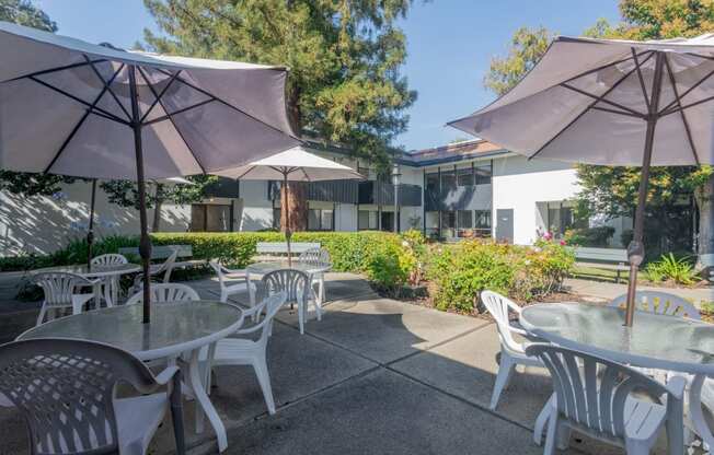 a patio with tables and chairs and umbrellas