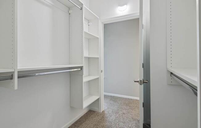 A white closet with shelves and a door.