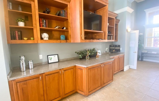 Clubhouse lounge with book shelves and television