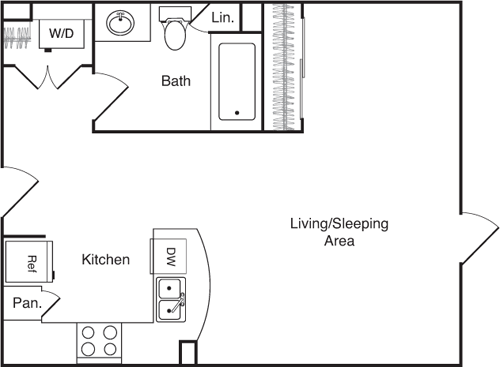 Studio, 1 bath, 608 sqft, $2,765, Unit 221