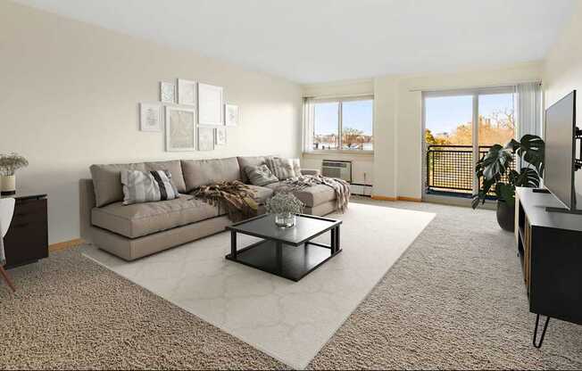 A living room with a grey couch, a coffee table, and a flat screen TV.