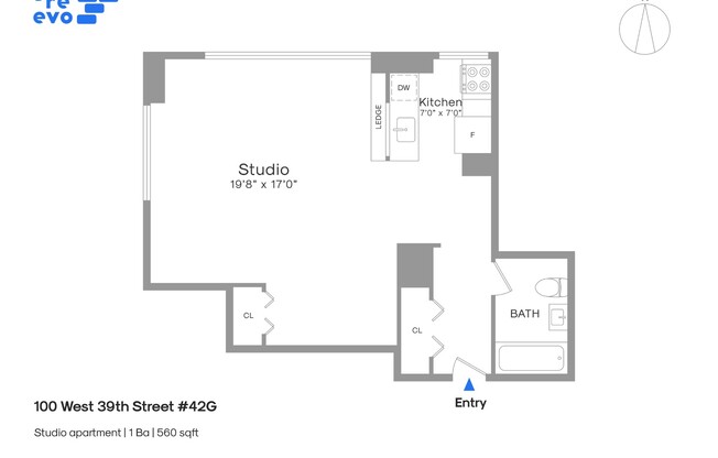 1 bed, 1 bath, 560 sqft, $4,000, Unit 42G