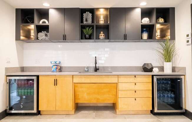 a kitchen with wooden cabinets and a counter top