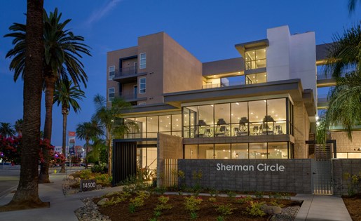 Entrance Building Twilight at Sherman Circle, Van Nuys, CA, 91405