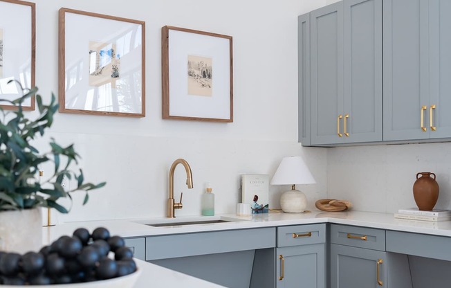 A kitchen with grey cabinets and a white countertop.