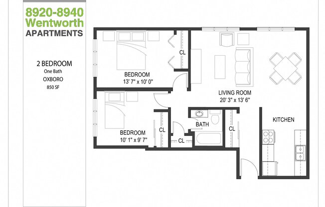 2 beds, 1 bath, 850 sqft, $1,195