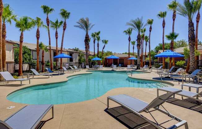 A pool surrounded by palm trees and sun loungers.