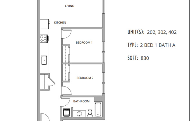 2 beds, 1 bath, 830 sqft, $2,672, Unit 402