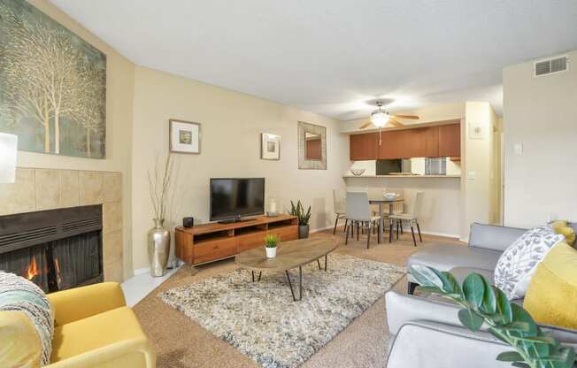 a living room with a fireplace and a tv