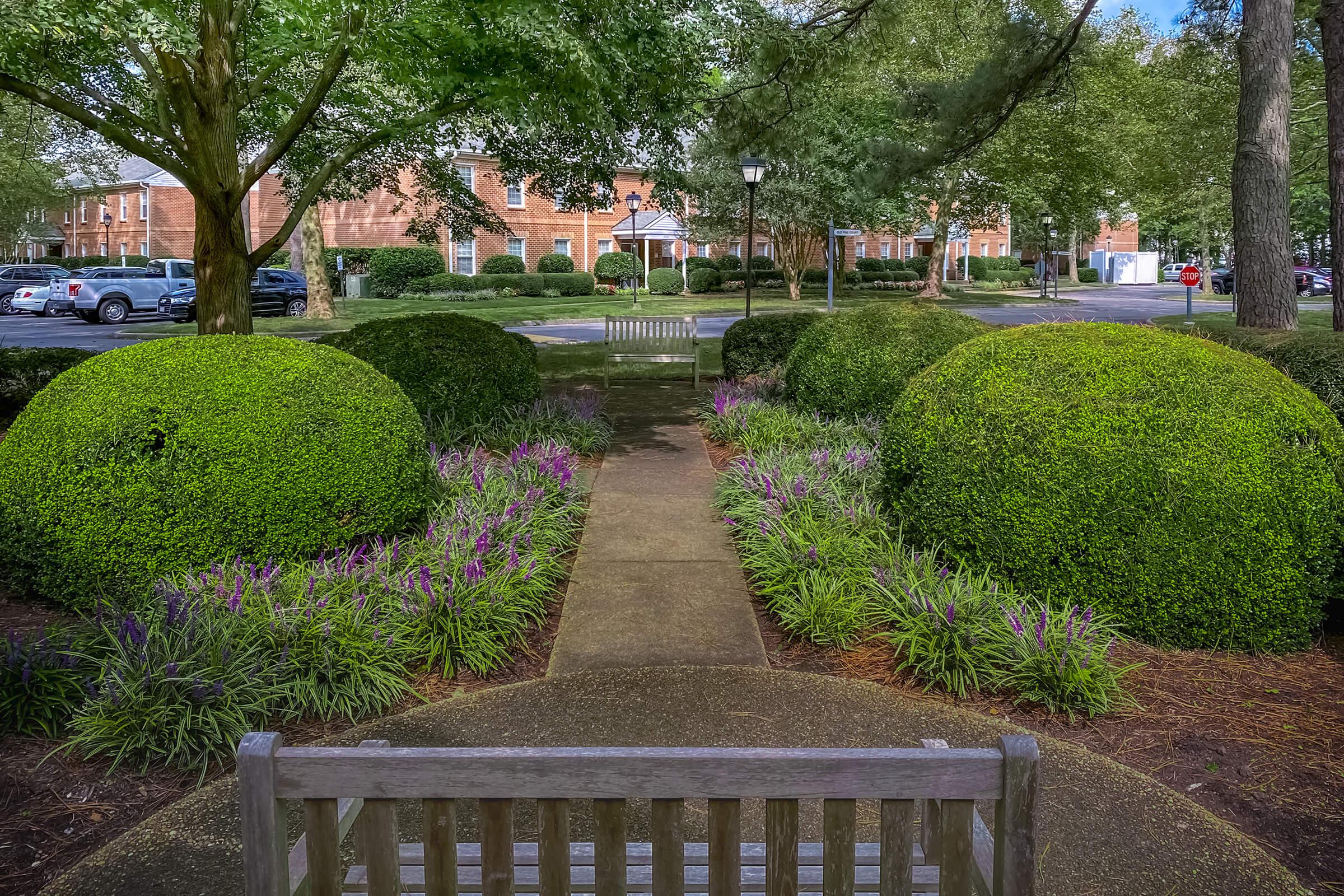 a row of park benches in a garden