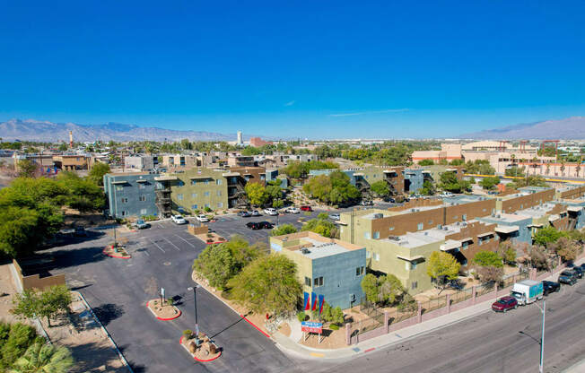 a view of the city from the roof of a building