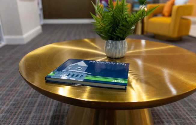 a book sitting on a table in a lobby