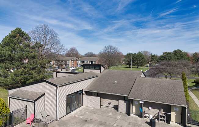 the view of a building from the roof of another building