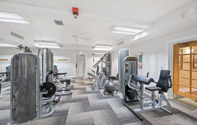 a row of fitness equipment in a room with yoga machines