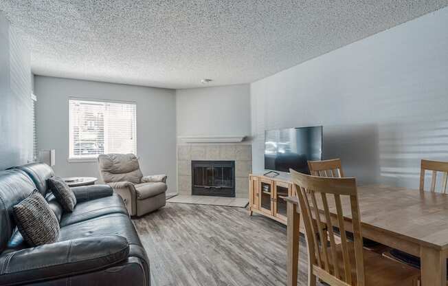 A living room with a fireplace and a television.