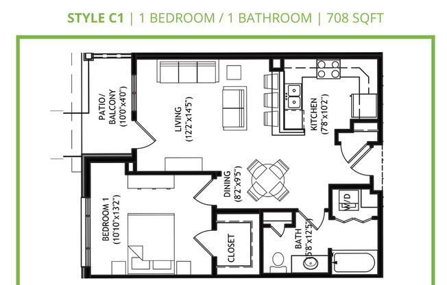1 bed, 1 bath, 708 sqft, $1,400, Unit 111