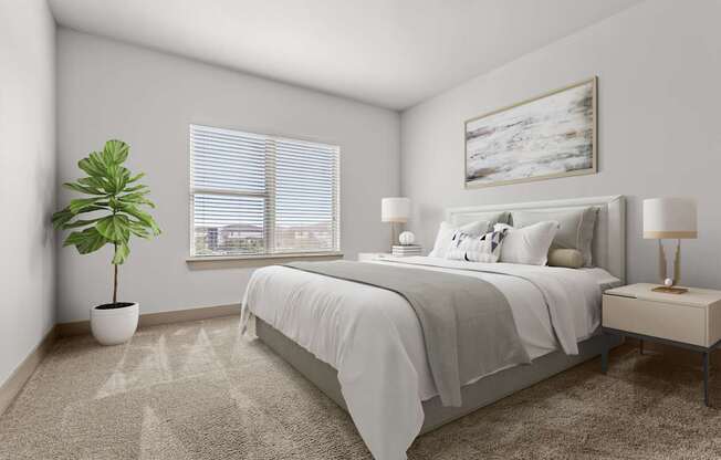 A bedroom with a bed, nightstand, and a plant.