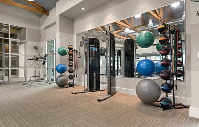 a spacious fitness room with exercise equipment and large exercise balls