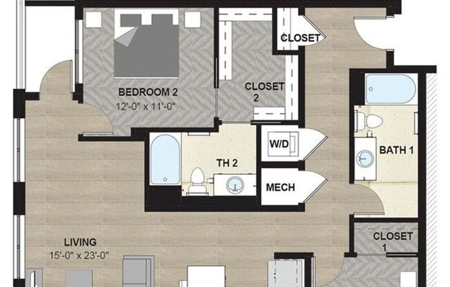 2 beds, 2 baths, 1,235 sqft, $2,400, Unit 208