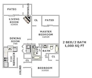 2 beds, 2 baths, 1,000 sqft, $1,357