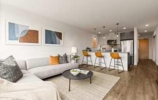 A modern living room with a grey sofa, a coffee table, and a bar area.