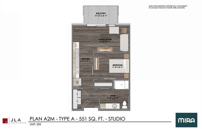 Studio, 1 bath, 551 sqft, $1,275, Unit #205