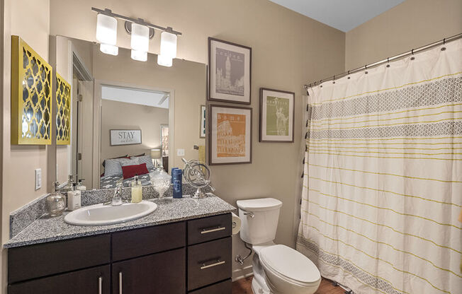 modern bathroom at the Depot Apartments