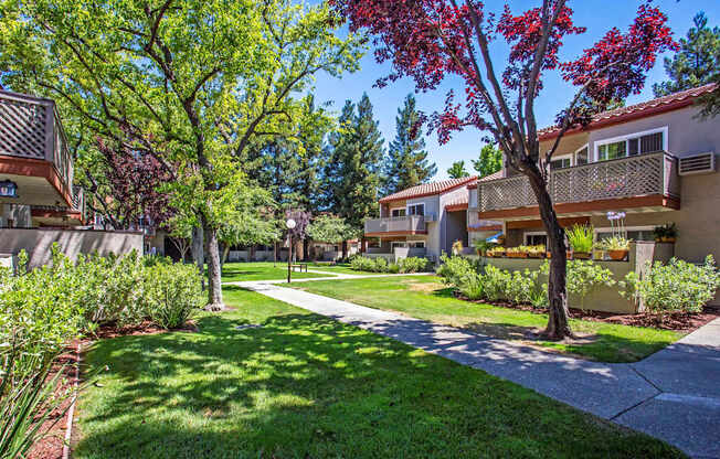 a walkway between two buildings with trees and grass