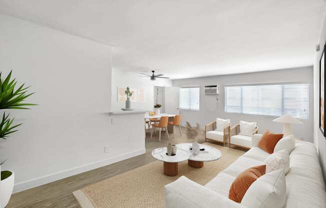 A living room with a white couch and a rug.