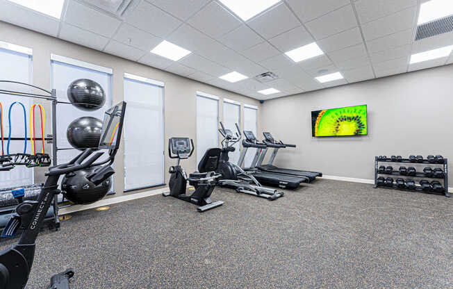 A gym with a variety of equipment including a stationary bike, treadmill, and weights.