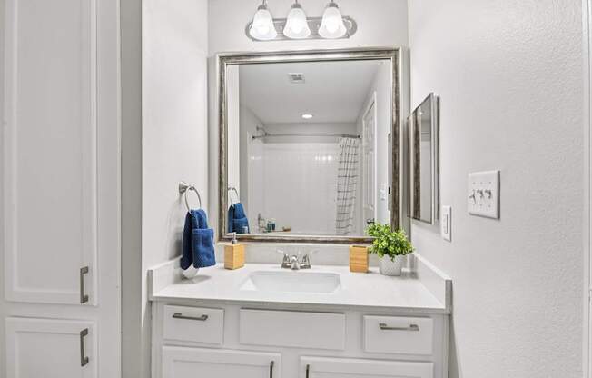 A bathroom with a white sink and a mirror above it.