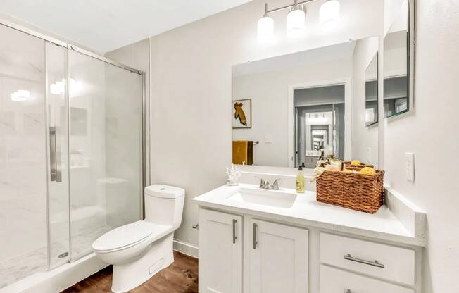 a bathroom with a white sink and toilet next to a shower with a glass door