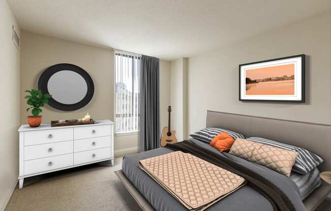 Carpeted Bedroom with Virtually Staged Bed, Dresser and Decorations