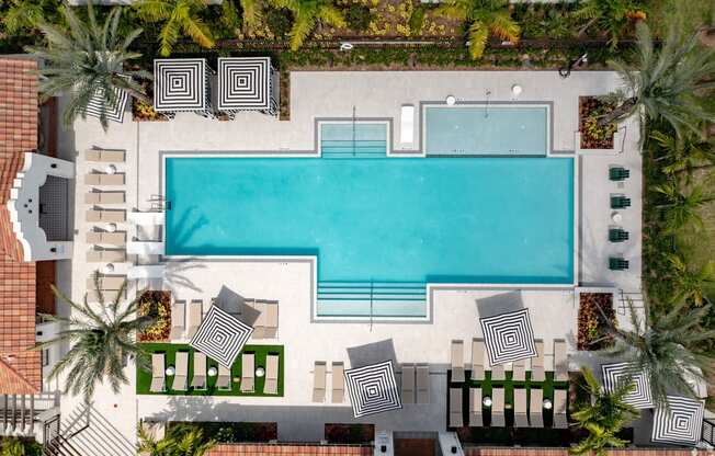 arial view of a swimming pool with striped lounge chairs and palm trees