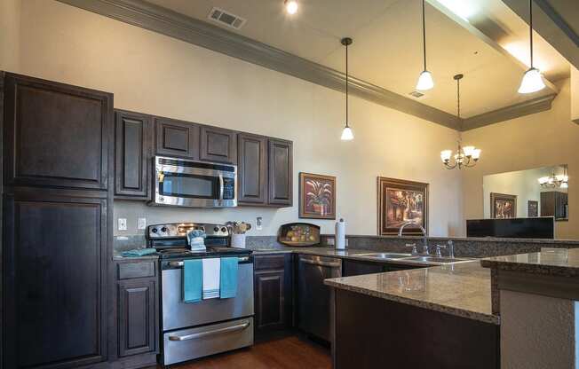 a large kitchen with stainless steel appliances and black cabinets