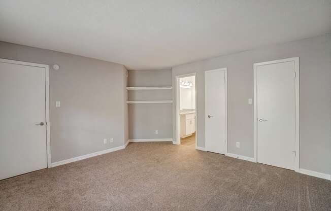 an empty living room with white doors and a closet