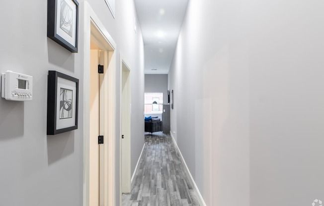 A hallway with a door on the left and a framed picture on the wall.