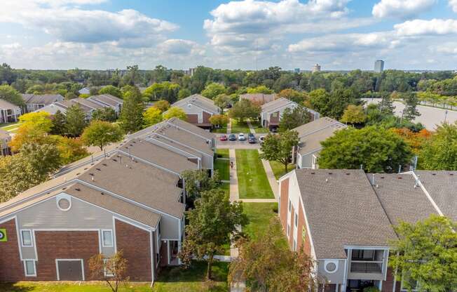 an aerial view of a neighborhood of houses with trees and a river