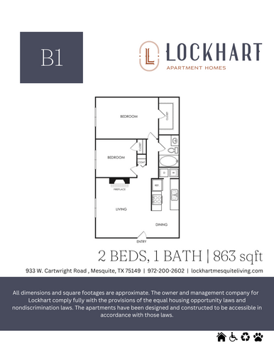 2 beds, 1 bath, 863 sqft, $1,214