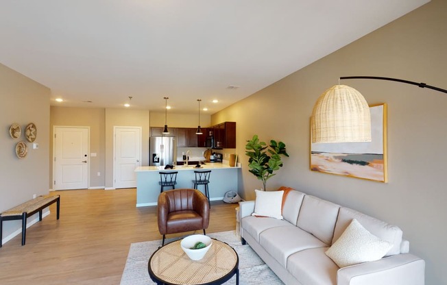 Living Area With Kitchen at The Haven on Veterans, Fargo, North Dakota