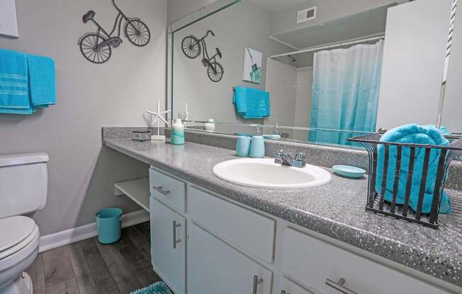 A cypress bathroom with a white toilet and a grey counter top at The Marq in Shreveport, LA