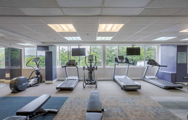 A gym with treadmills, exercise bikes, and elliptical machines.